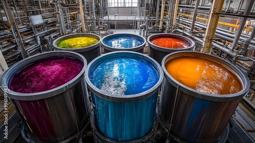 Vibrant tubs filled with colorful liquids, showcasing a range of bright hues and reflecting light, possibly in a production or artistic setting.