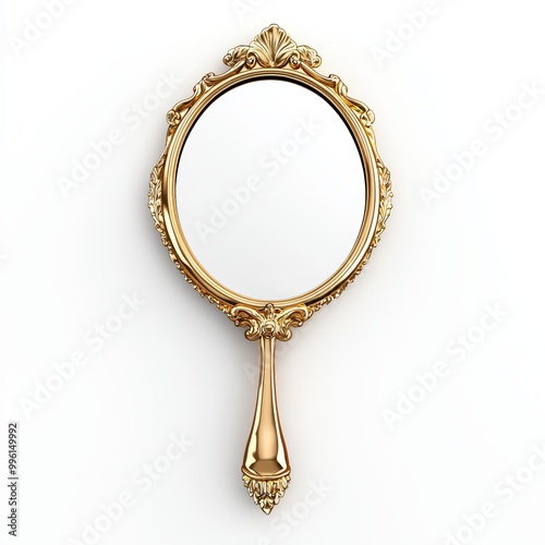 An ornate hand mirror with a gold-plated frame, reflecting a soft, warm glow isolated on white background.