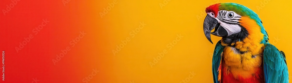 Obraz premium Colorful macaw parrot portrait against a vibrant orange and red background.