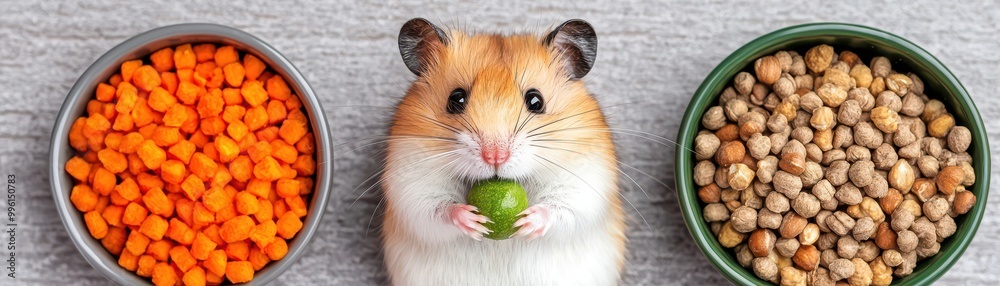 Cute hamster enjoying a snack surrounded by colorful food bowls, isolated on a bright background. Cute hamster enjoying a snack surrounded by colorful food bowls, isolated on a bright background.