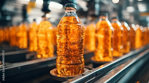 Bottles moving through beverage filling machine in bottling plant 