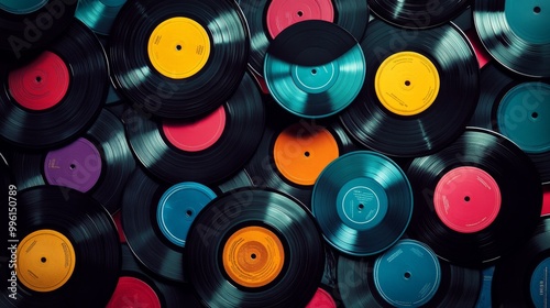 Colorful vinyl records, seen from above. They're perfect for a retro design, like a vintage record player. photo