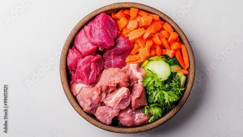 Wallpaper Mural Fresh raw meat and vegetables arranged in a wooden bowl on a white isolated background. Torontodigital.ca