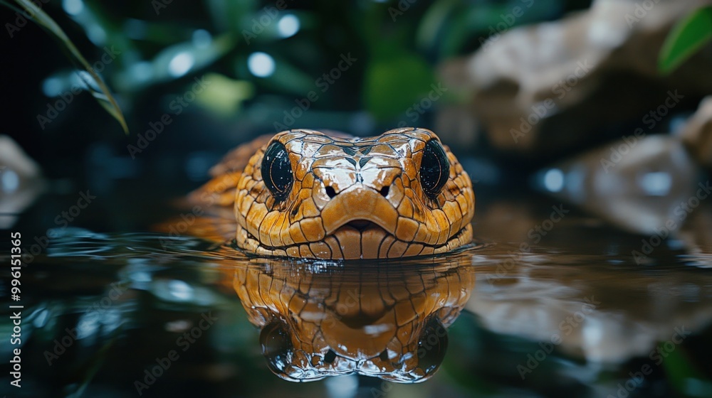 Fototapeta premium A close-up of a snake's head emerging from the water, looking directly at the camera.