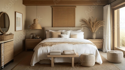 Minimalist Bedroom with Natural Elements and Woven Textures