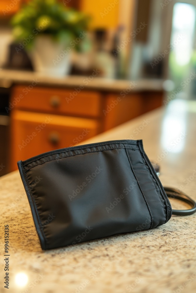 A black blood pressure monitor resting on a kitchen countertop. A black blood pressure monitor resting on a kitchen countertop.