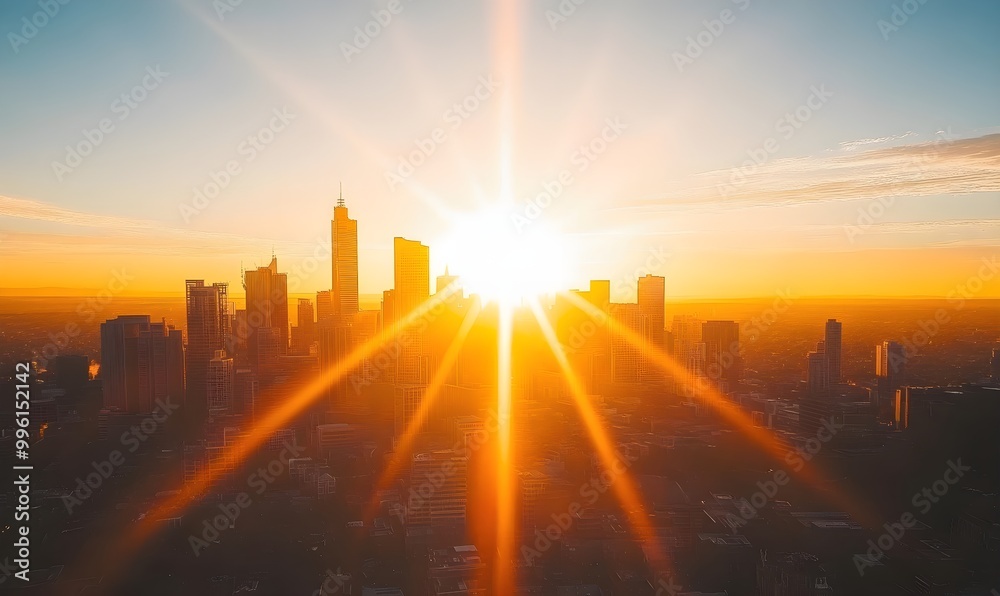 Sunrise Over Melbourne Skyline with Golden Rays Sunrise Over Melbourne Skyline with Golden Rays