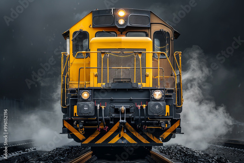 Photorealistic image of yellow and black locomotive, front view