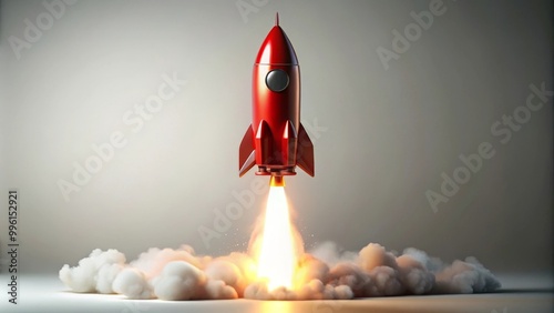 Red rocket launching leaving a trail of smoke