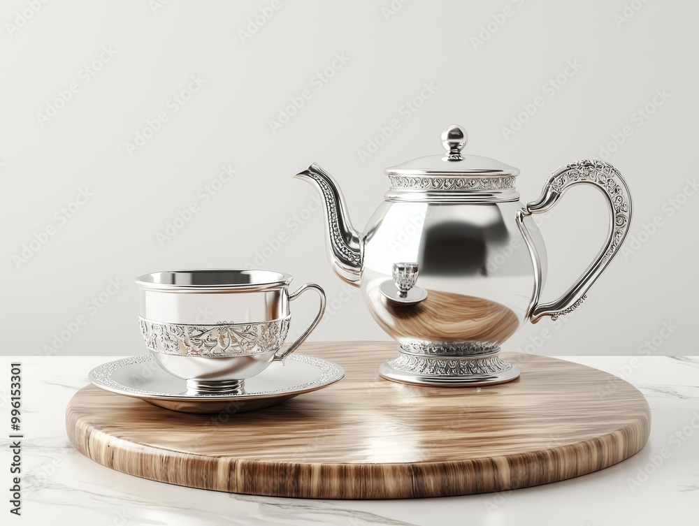 A silver tea set with ornate designs, displayed on a polished wooden table isolated on white background. A silver tea set with ornate designs, displayed on a polished wooden table isolated on white background.