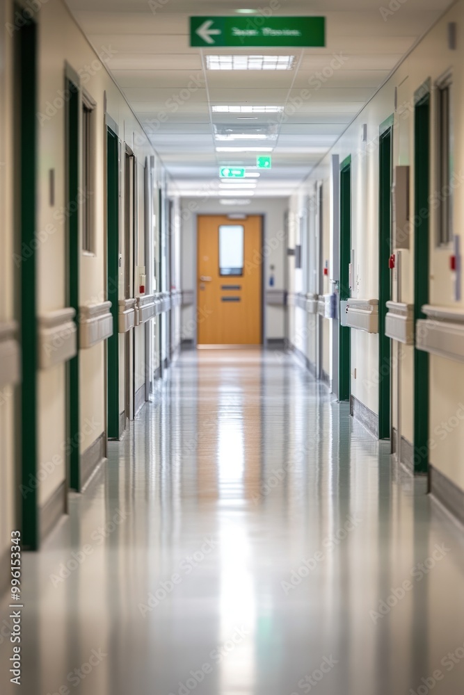A clean hospital corridor with doors on either side and a wooden entrance at the end. A clean hospital corridor with doors on either side and a wooden entrance at the end.