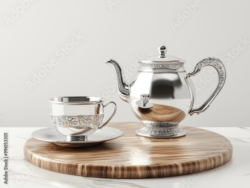 A silver tea set with ornate designs, displayed on a polished wooden table isolated on white background.