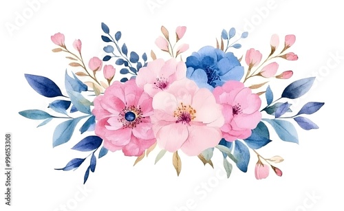 Watercolor floral bouquet with pink, blue, and red flowers on a white background illustration clipart.