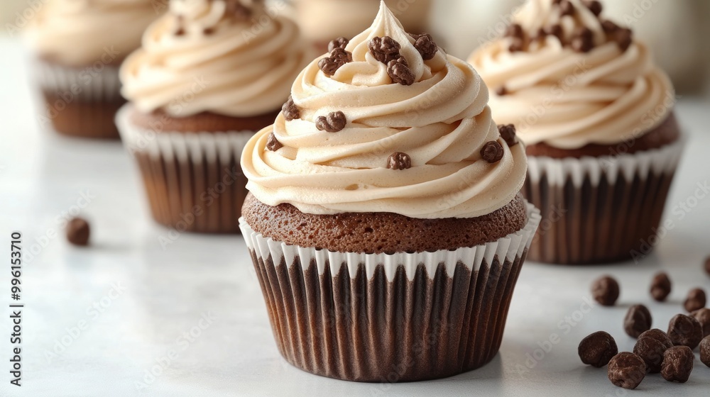 Indulge in rich chocolate cupcakes adorned with silky frosting and chocolate pearls Indulge in rich chocolate cupcakes adorned with silky frosting and chocolate pearls