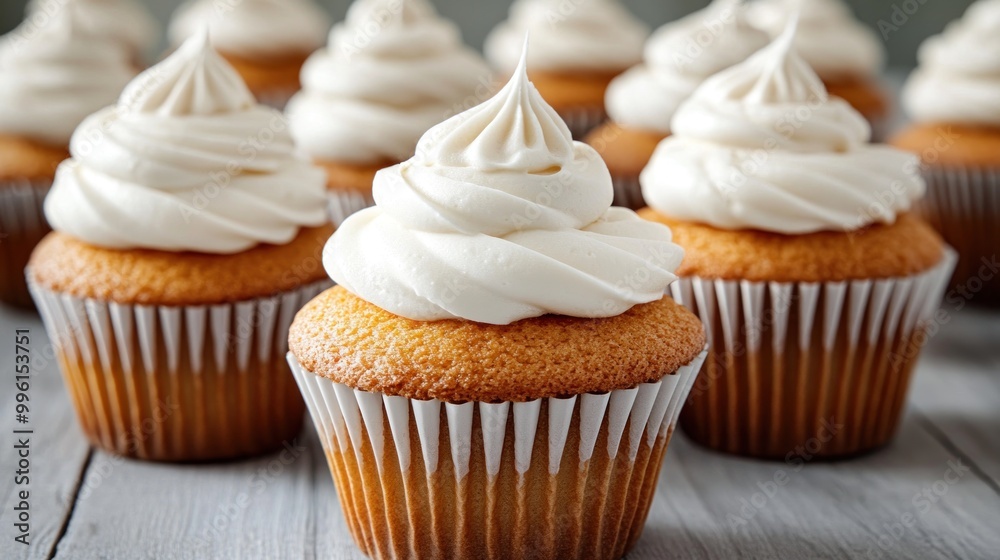 A tempting array of cupcakes with fluffy frosting invites sweet indulgence A tempting array of cupcakes with fluffy frosting invites sweet indulgence