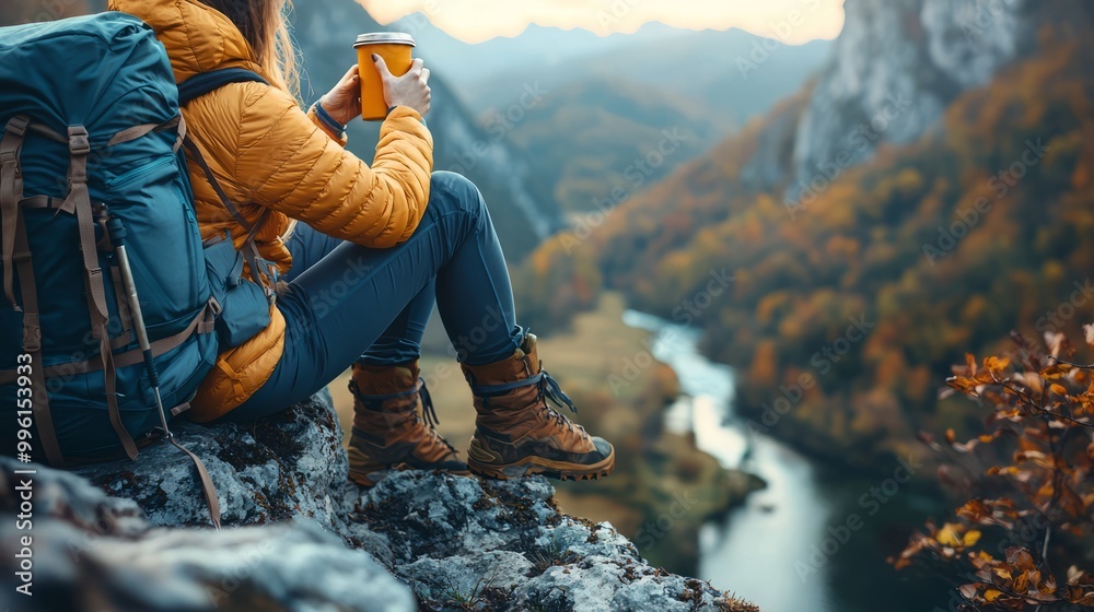 Hiker enjoying a hot drink while sitting on a cliff overlooking a scenic river valley