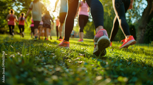 A large group of people participate in an outdoor fitness class in a park The sun shines through the trees Generated Ai
