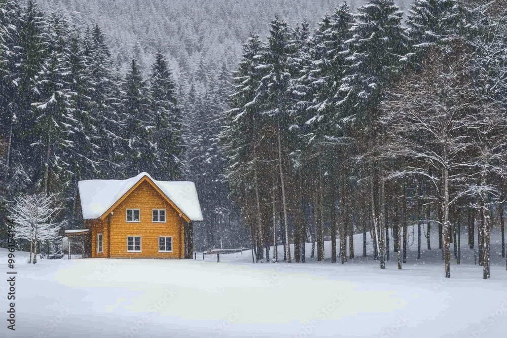 Snow-covered cabin in snowy forest. Ideal for winter wonderland themes, cozy home designs, and travel brochures. Snow-covered cabin in snowy forest. Ideal for winter wonderland themes, cozy home designs, and travel brochures.