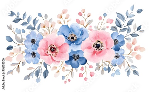 Watercolor floral bouquet with pink, blue, and red flowers on a white background illustration clipart.