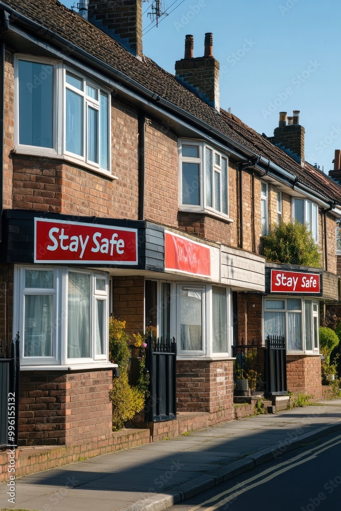 Naklejka premium A row of brick houses with signs promoting safety.