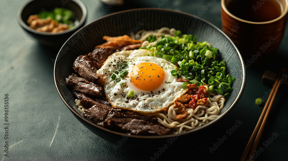 the photorealistic image about a bowl of a instant noodle with Over easy egg and some slices of beef, and a cup of hot ginger tea beside. the photorealistic image about a bowl of a instant noodle with Over easy egg and some slices of beef, and a cup of hot ginger tea beside.