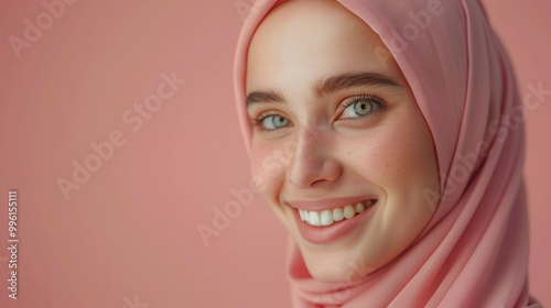 A woman in a pink hijab smiles joyfully before a pink wall photo