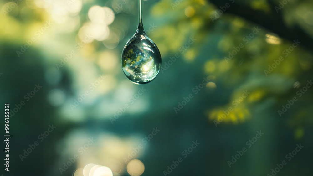 Closeup of water droplet with soft green bokeh background in nature