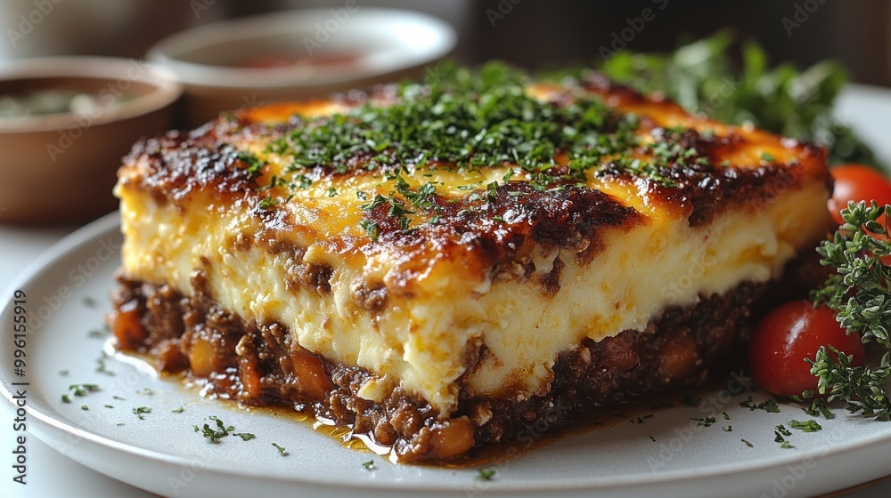 Layers of ground meat and eggplant create a hearty moussaka, garnished beautifully Layers of ground meat and eggplant create a hearty moussaka, garnished beautifully