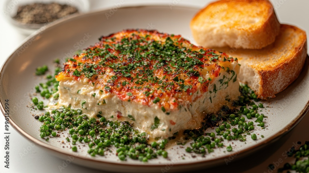 Delicious baked cheese dish garnished with fresh herbs and served with crispy bread Delicious baked cheese dish garnished with fresh herbs and served with crispy bread