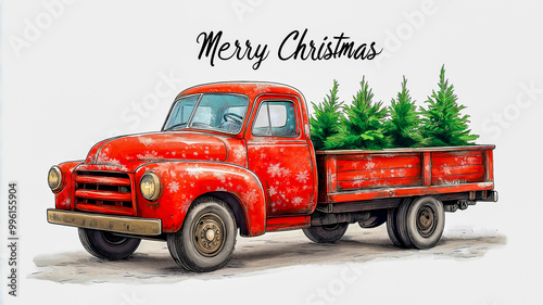 A magnificent red pickup truck filled with Christmas gifts and Christmas trees is in a hurry to congratulate everyone on the holidays and give them a piece of magic. photo