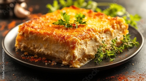 Delicious creamy lasagna baked to perfection, garnished with herbs and spices