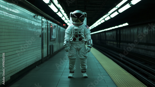 Astronaut Standing Alone on Subway Platform, Full-Body View photo