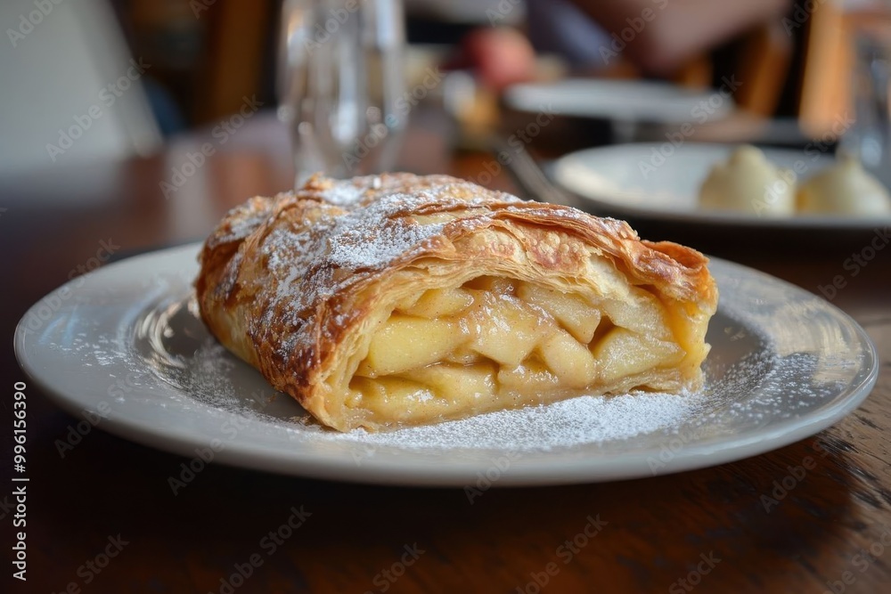 Photorealistic crispy apple strudel with powdered sugar on a decorative plate, Ai Generation Photorealistic crispy apple strudel with powdered sugar on a decorative plate, Ai Generation