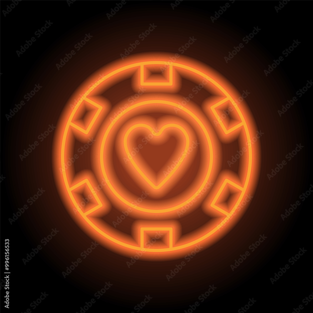 Casino, poker chip, heart simple icon vector. Flat design. Orange neon on black background Casino, poker chip, heart simple icon vector. Flat design. Orange neon on black background