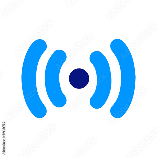 Broadcast signal icon, dark blue dot in the center with light blue curved lines radiating outwards, representing a live stream or broadcast signal, simple design, minimal and clear.