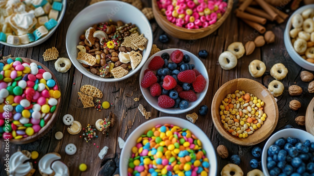 A wooden table beautifully topped with bowls of candy, fruit, and nuts A wooden table beautifully topped with bowls of candy, fruit, and nuts