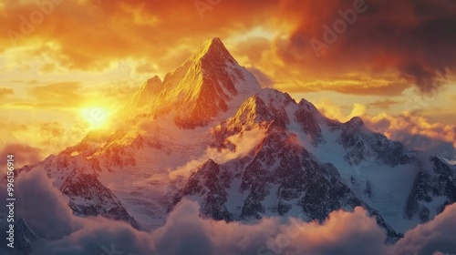 A snowy mountain peak bathed in golden light during a stunning winter sunset.