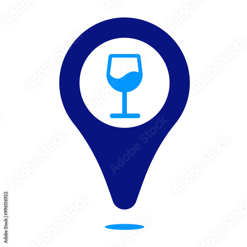 Wine glass icon placed inside a location marker, represents wine-related locations or wine destinations, simple yet clear design, modern flat style, clean blue and white colors.