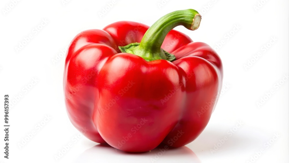 Single, ripe red bell pepper stands upright on a white background, its vibrant color and fresh appearance taking center stage Single, ripe red bell pepper stands upright on a white background, its vibrant color and fresh appearance taking center stage
