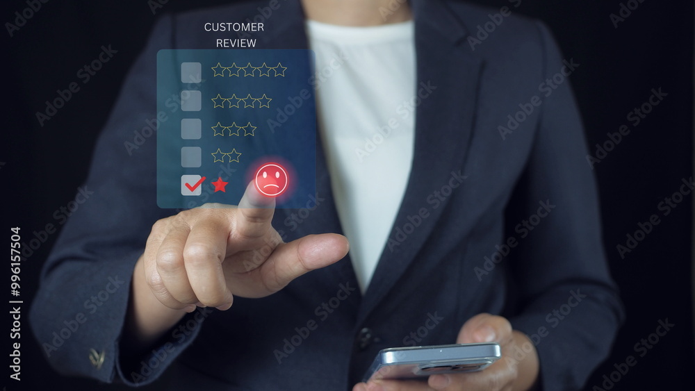 Fototapeta premium Customer Experience dissatisfied Concept, Unhappy Businessman Client with Sadness Emotion Face on smartphone screen, Bad review, bad service dislike bad quality, low rating, social media not good.