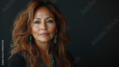 Confident Woman with Long Wavy Hair and Jewelry