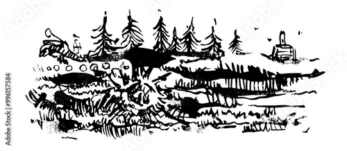 Ink illustration with pine trees. Wall design, desktop design. Sketchbook illustration. Art made by human.
