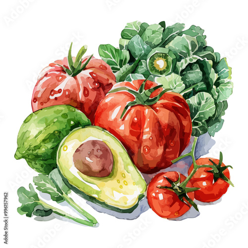 Watercolor fresh vegetables isolated on a white background, watercolor avocado and tomatoes and Zucchini and  Broccoli Lettuce and sliced tomato and bell pepper and onion, and parsley and lime,PNG 