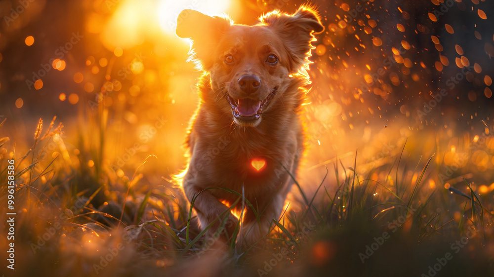Happy dog running through sunlit field during golden hour Happy dog running through sunlit field during golden hour