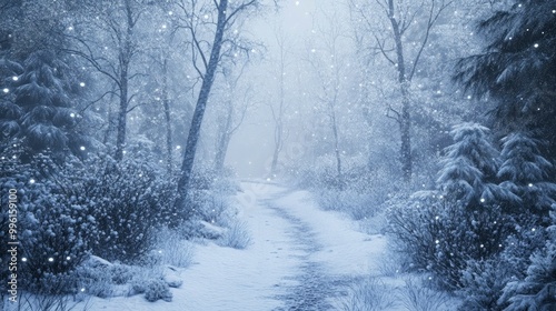 A snowy path winding through a peaceful winter forest, with frosted trees lining the way and snow falling gently.