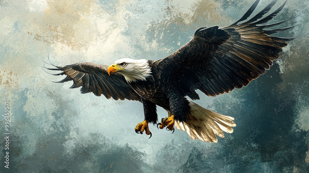 Fototapeta premium Bald Eagle in Flight with Spread Wings Against a Textured Background