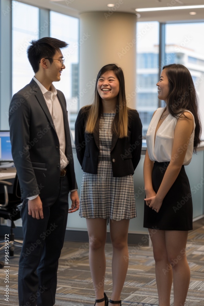 Asian Business Colleagues Sharing a Light Moment in an Office Setting Asian Business Colleagues Sharing a Light Moment in an Office Setting