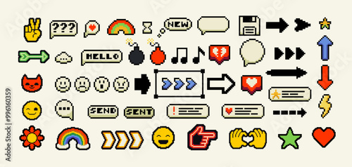 A set of pixels elements. Y2k trendy stickers. Mood of 90's aesthetics. 8-bit retro style vector illustration. Neon background. Trendy geometric brutalism UI.