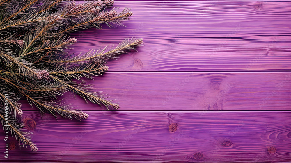 Fototapeta premium Spruce branches on a violet wood background