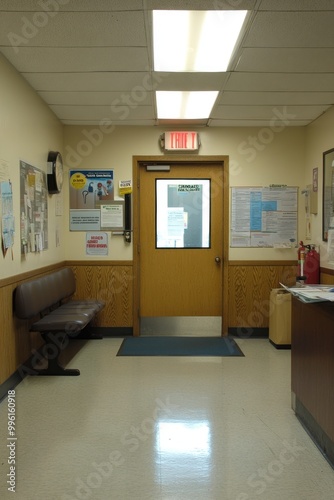 A hallway in a building with a door  a bench  and informational posters on the walls.